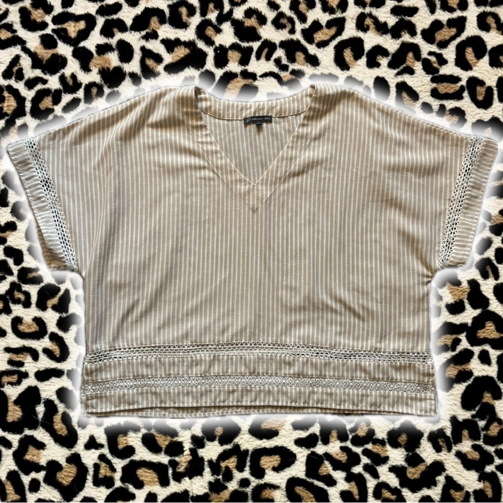 Adrianna Papell Beige Striped V-Neck Blouse